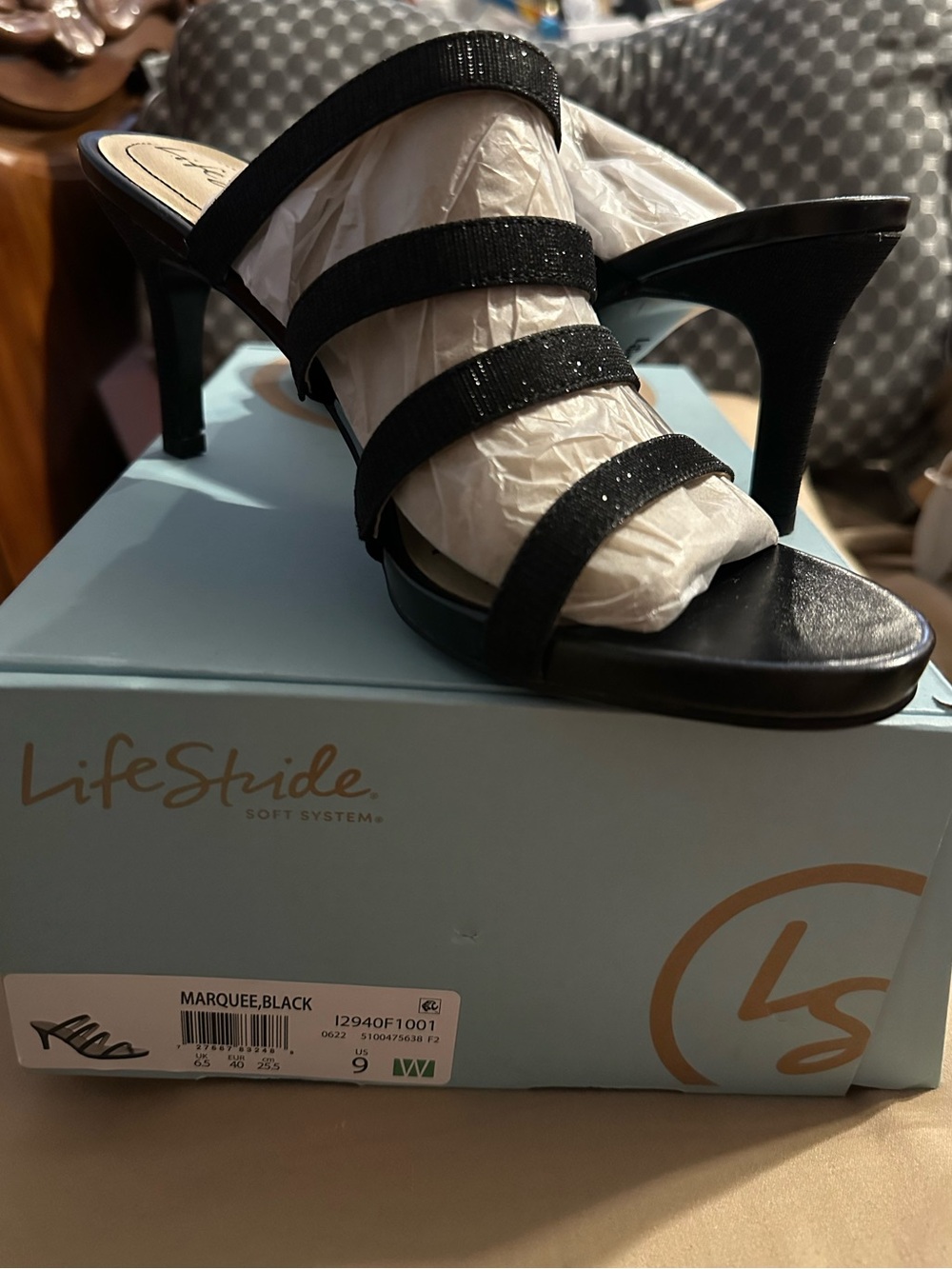 Life Stride Black Strappy Mid-Heel Slide